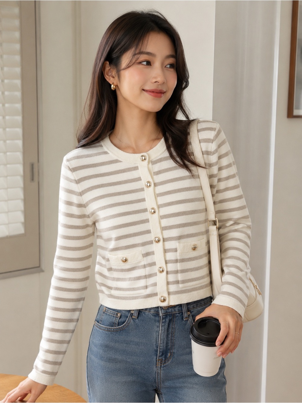 Dynamite Striped Crewneck Button-Front Cardigan - Cream & Taupe